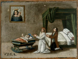 Parents priant pour la grâce de leur fille dans le berceau, ex-voto